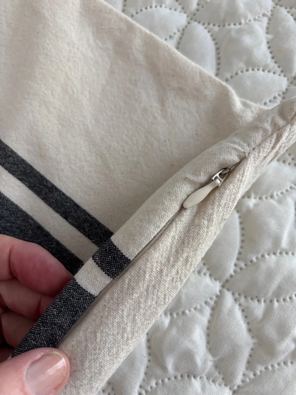 Neutral Striped Throw Pillow Cover - Cream with Dark Gray Stripes 17 inch Sq.